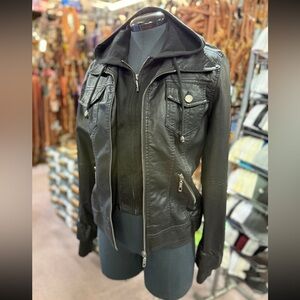 NEW Black Bomber Hoodie Jacket Faux Leather